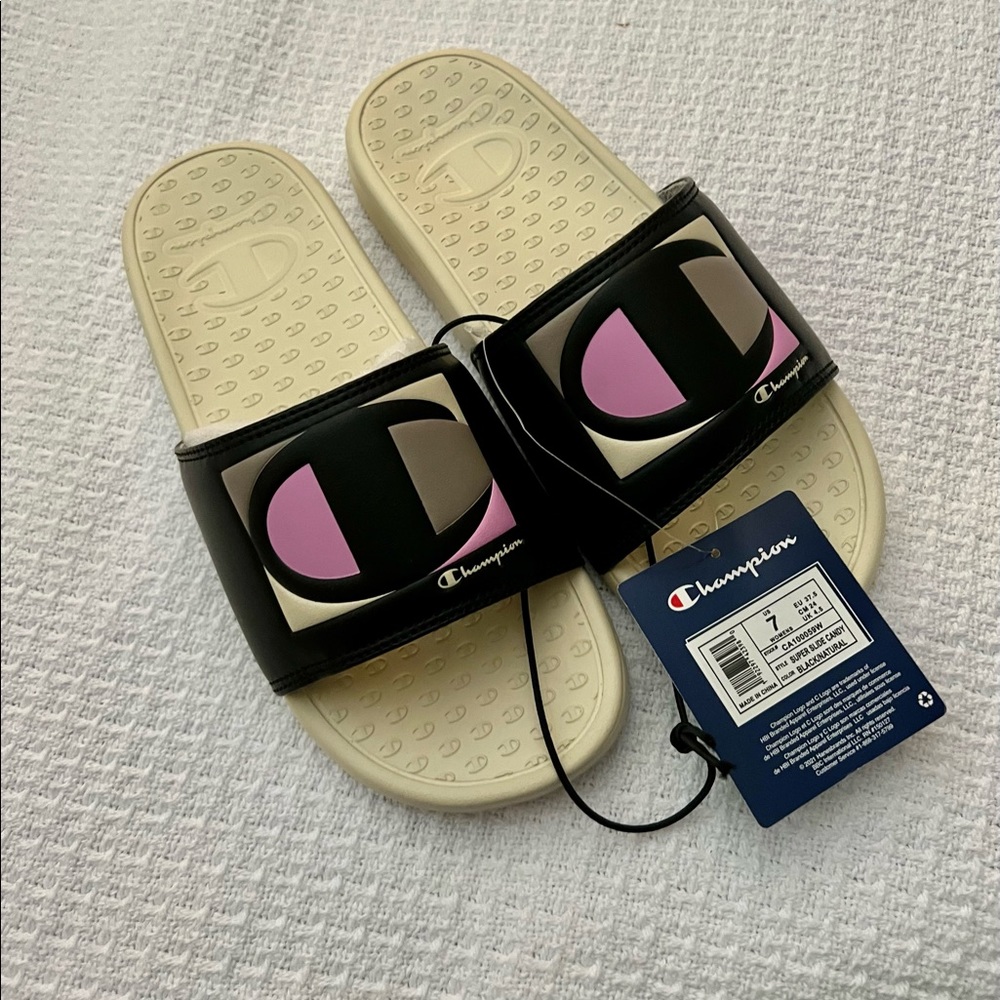 Champions Women's Super Slide Candy Sandals, Black and Cream, Size 7